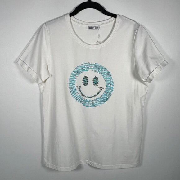 NWOT COCO Y CLUB Rhinestone Smile Crew Neck Short Sleeve T-Shirt Size M - Picture 10 of 13